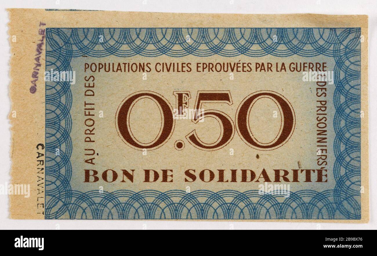 Good 50 cents Solidarity 1940. Anonyme. Bon de solidarité de 50 centimes, 1940. Typographie. Paris, musée Carnavalet. Stock Photo