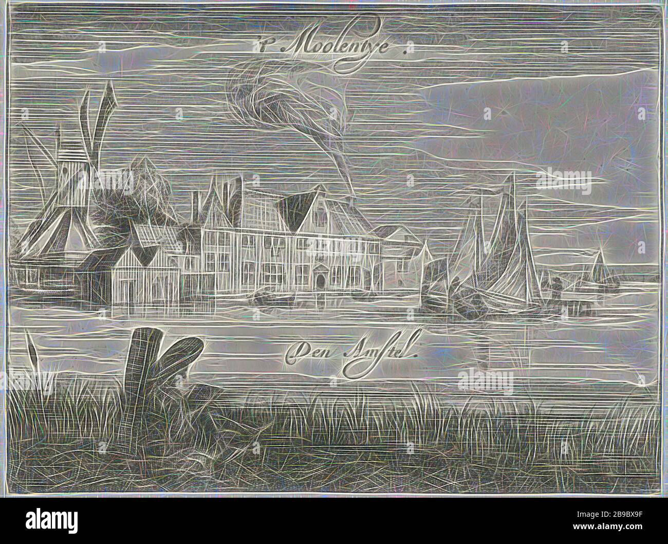 Herberg het Molentje on the Amstel 't Moolentye (title on object) Castles and inns on the Vecht and Amstel (series title), View of the Molentje aan de Amstel inn. In the foreground a figure is drawing on the bank. The print is part of a six-part series with shows of castles and inns located on the Vecht and Amstel, hotel, hostelry, inn, river, Herberg het Moolentje, Amstel, Johannes Leupenius, Amsterdam, 1666 - 1693, paper, etching, h 151 mm × w 203 mm, Reimagined by Gibon, design of warm cheerful glowing of brightness and light rays radiance. Classic art reinvented with a modern twist. Photog Stock Photo