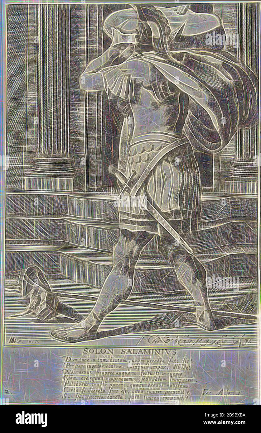 Solon of Athens Solon Salaminius (title on object) The seven sages of Greece (series title), A man in military clothing, full-length portrait, seen on the left, standing by a building, a large block on the right shoulder, a glove and a spear for the feet. Underneath the performance a seven-line Latin poem. This print is part of a series of eight prints: a title print and seven numbered portraits of Greek sages., The seven wise men of Greece: Bias, Chilon, Cleobulus, Periander (alternatively Myson), Pittacus, Solon, Thales, Jacob de Gheyn (III) (mentioned on object), 1616, paper, etching, h 300 Stock Photo