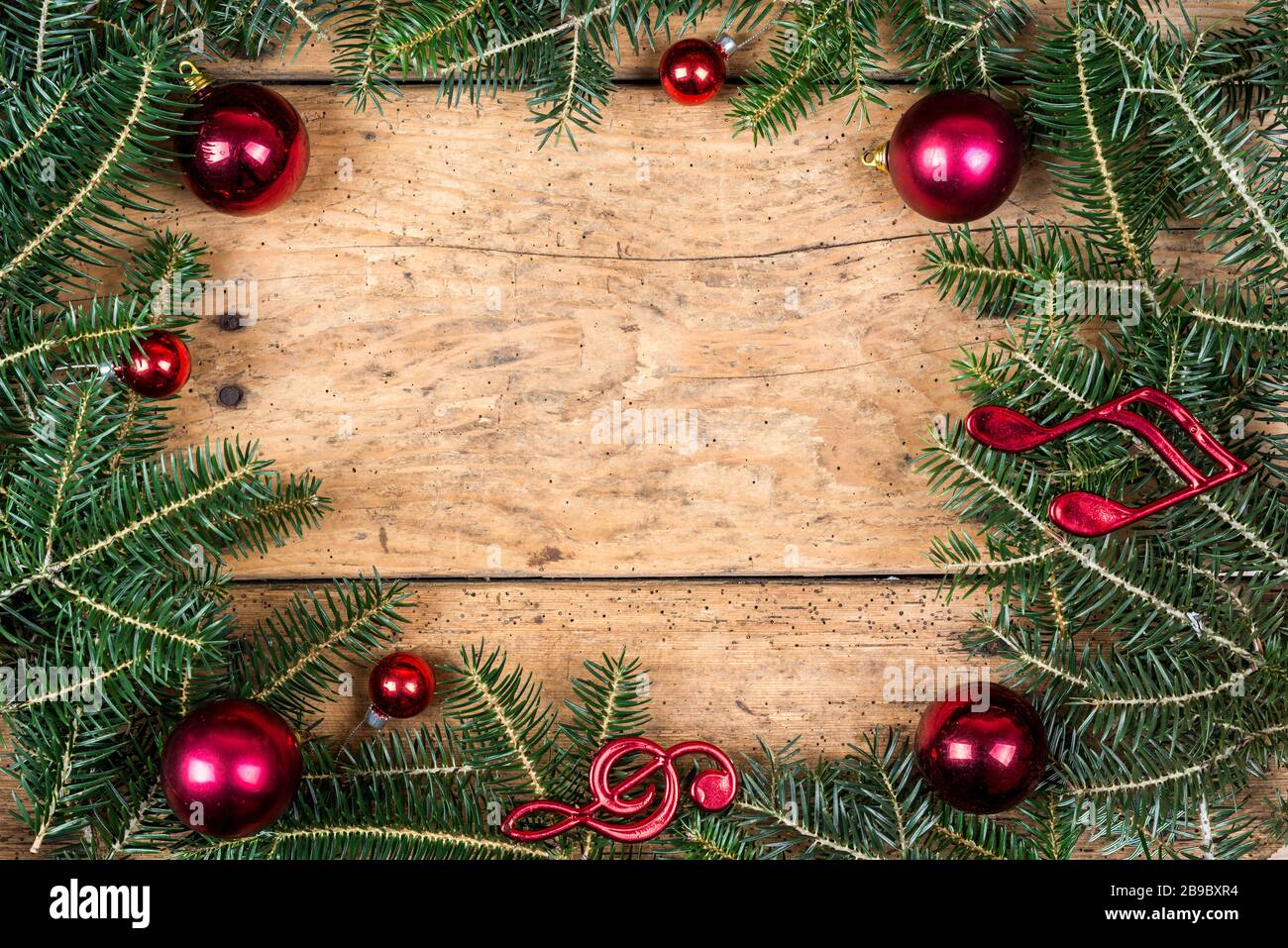 Christmas frame of fir branches over vintage wood - copy space Stock ...