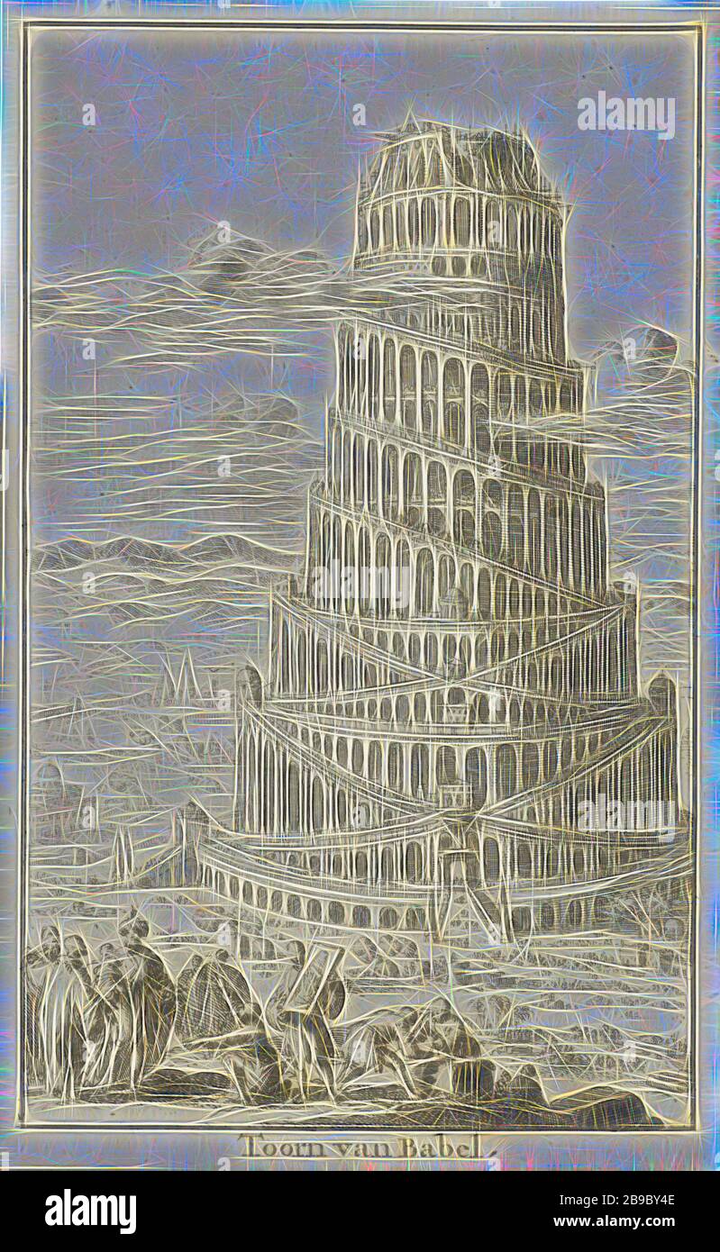Tower of Babel Wrath of Babel (title on object), Nimrod may be present, supervising or assisting the construction, Jan Luyken, Amsterdam, 1682, paper, etching, h 141 mm × w 87 mm, Reimagined by Gibon, design of warm cheerful glowing of brightness and light rays radiance. Classic art reinvented with a modern twist. Photography inspired by futurism, embracing dynamic energy of modern technology, movement, speed and revolutionize culture. Stock Photo