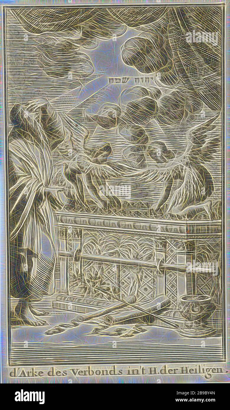 Ark of the Covenant Ark of the Covenant in the Holy of Holies (title on object), Ark of the Covenant, Jewish religion, Jan Luyken, Amsterdam, 1683, paper, etching, h 142 mm × w 85 mm, Reimagined by Gibon, design of warm cheerful glowing of brightness and light rays radiance. Classic art reinvented with a modern twist. Photography inspired by futurism, embracing dynamic energy of modern technology, movement, speed and revolutionize culture. Stock Photo