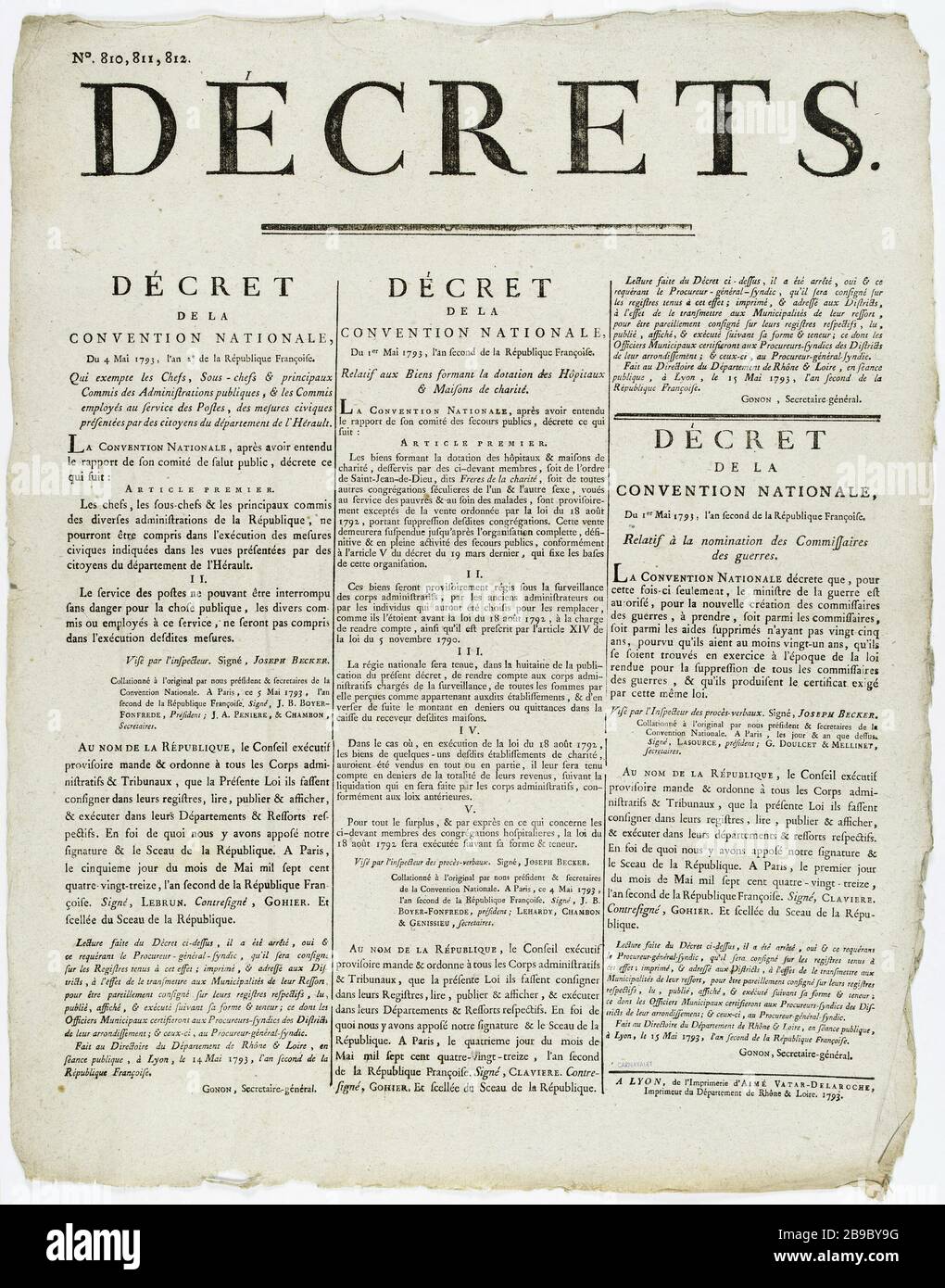 No.. 810, 811, 812. DECREE DECREE OF THE NATIONAL CONVENTION From May 4, 1793, the second year of the French Republic [sic]. Exempting Chiefs, Deputy Chiefs & principal clerk of Public Administrations, and Clerks employees postal service, civic action / submitted by citizens of the Hérault department. N°. 810, 811, 812. Décret de la Convention nationale qui exempte les chefs, sous-chefs et principaux commis des administrations publiques et les commis employés au service des postes, des mesures civiques/ présentées par des citoyens du département de l'Hérault. Typographie, 1793. Paris, musée Ca Stock Photo