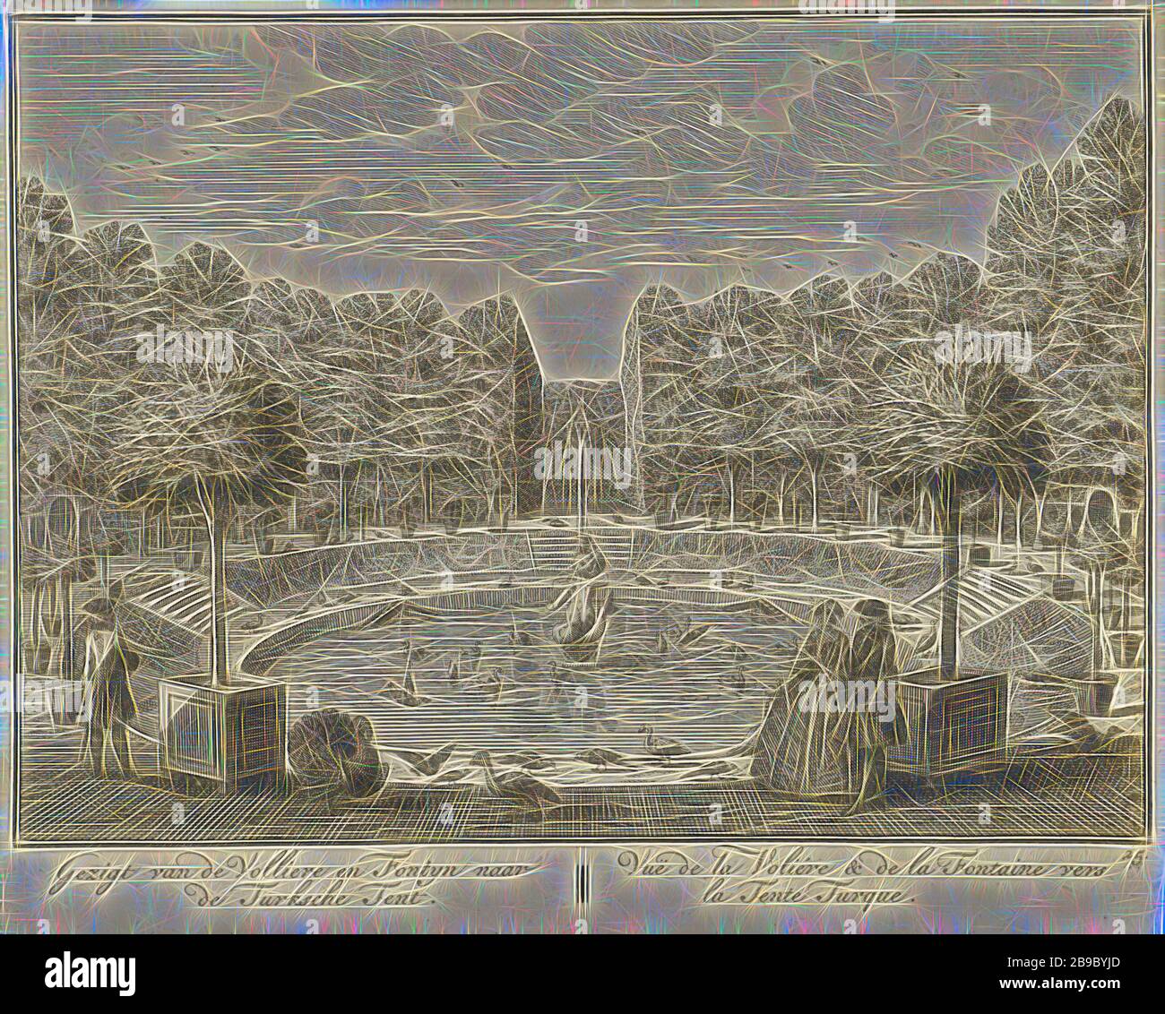 View of the large fountain and the Turkish Tent in the garden of Huis ter Meer in Maarssen Gezigt from the Volliere and Fontyn to the Turkish Tent / Vue de la Volière & de la Fontaine vers la Tente Turque (title on object) The Oud Adelyk huys and Ridderhofstad Ter Meer (series title), View of the large fountain and the Turkish Tent in the French garden of Huis ter Meer. Various birds walk around the fountain. In the foreground are some figures on the edge of the basin. The print is part of a series with 26 faces on Huis ter Meer and the accompanying estate in Maarssen, country house, French or Stock Photo