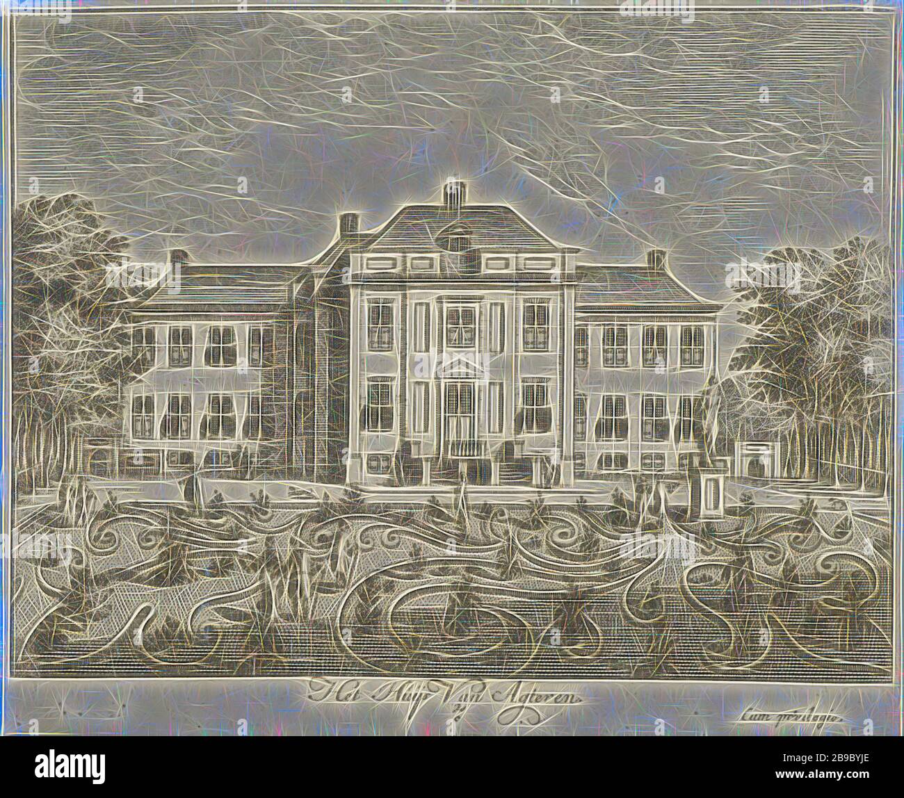 Rear facade of Soestdijk Palace The Huijs Van Agteren (title on object) General Image Vant Lust-Huijs and Hof van sijn Royal Majesty of Great Britain t Soest-Dijk (series title), View of the rear facade of Soestdijk Palace with walking figures in the landscaped garden. The print is part of a series with sixteen faces on Soestdijk Palace and the accompanying estate, palace, French or architectonic garden, formal garden, Soestdijk Palace, Hendrik de Leth, 1725 - 1747, paper, etching, h 131 mm × w 160 mm, Reimagined by Gibon, design of warm cheerful glowing of brightness and light rays radiance. Stock Photo