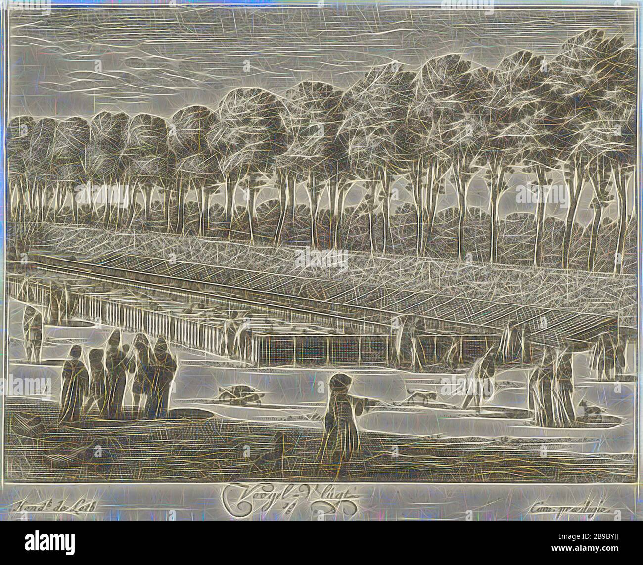 Duck pond of Soestdijk Palace Voogel-Vlugt (title on object) Generale Afbeeldinge Vant Lust-Huijs and Hof van sijn Royal Majesty of Great Britain t Soest-Dijk (series title), View of the duck pond in the garden of Soestdijk Palace, with walking figures. The print is part of a series with sixteen faces at Soestdijk Palace and the accompanying estate, palace, water-birds: duck, pond, pool (variant), Soestdijk, Hendrik de Leth (mentioned on object), 1725 - 1747, paper, etching, h 135 mm × w 160 mm, Reimagined by Gibon, design of warm cheerful glowing of brightness and light rays radiance. Classic Stock Photo