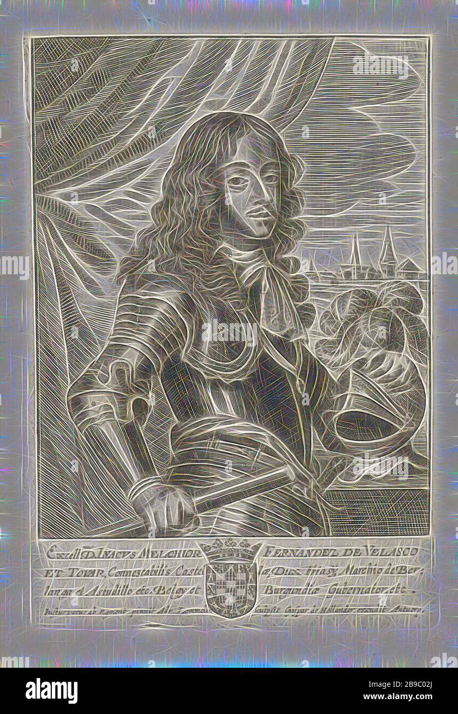 Portrait of Inacho Melchior Ferdinand de Velasco, constable of Velasco and Tovar, governor of Belgium and Burgundy. In the margin the family crest of the person portrayed, Inacho Melchior Ferdinand de, constable of Velasco, Adriaen Lommelin (mentioned on object), Antwerp, 1652 - 1677, paper, engraving, h 182 mm × w 125 mm, Reimagined by Gibon, design of warm cheerful glowing of brightness and light rays radiance. Classic art reinvented with a modern twist. Photography inspired by futurism, embracing dynamic energy of modern technology, movement, speed and revolutionize culture. Stock Photo