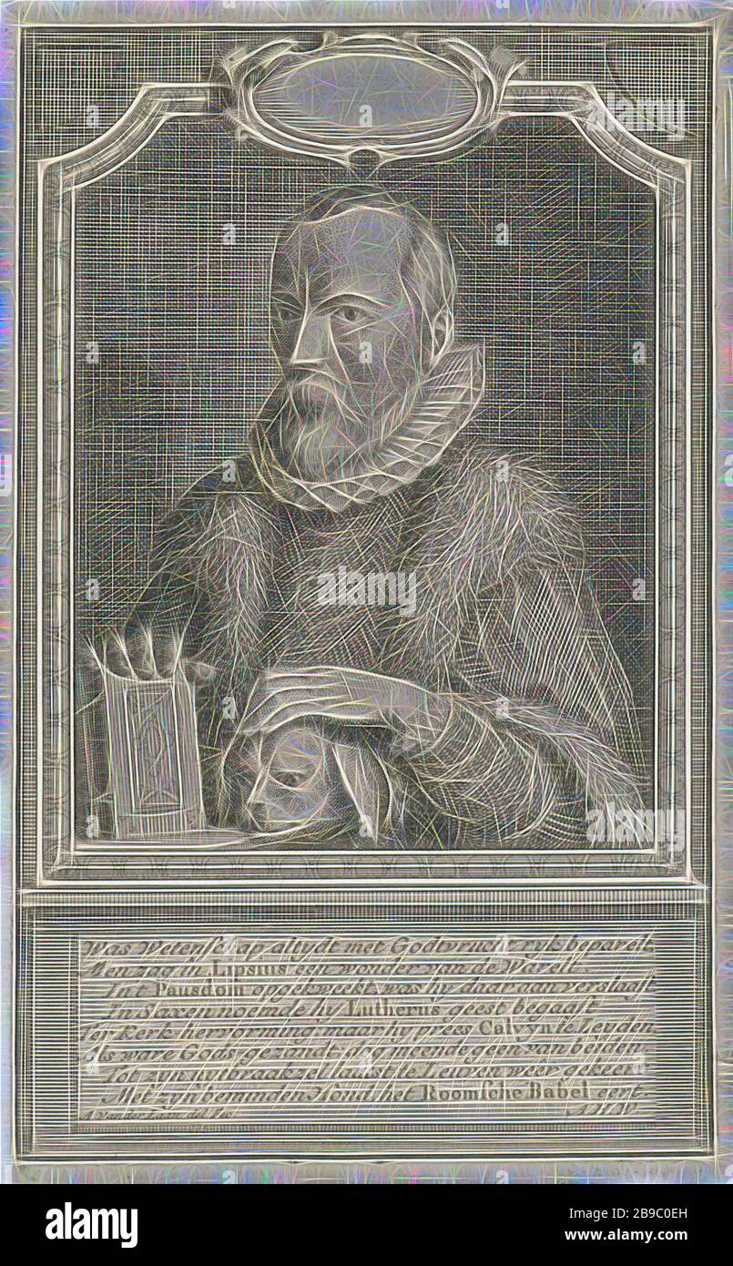 Portrait of Justus Lipsius, Portrait bust to the left of Justus Lipsius, humanist and scholar, bareheaded and with fur collar. His left hand rests on the head of a dog, the right hand is based on a book. Around an ornamental frame, under the portrait the name of the person portrayed and an eight-line Dutch verse, Justus Lipsius, Adolf van der Laan (mentioned on object), 1694 - 1755, paper, engraving, h 164 mm × w 102 mm, Reimagined by Gibon, design of warm cheerful glowing of brightness and light rays radiance. Classic art reinvented with a modern twist. Photography inspired by futurism, embra Stock Photo