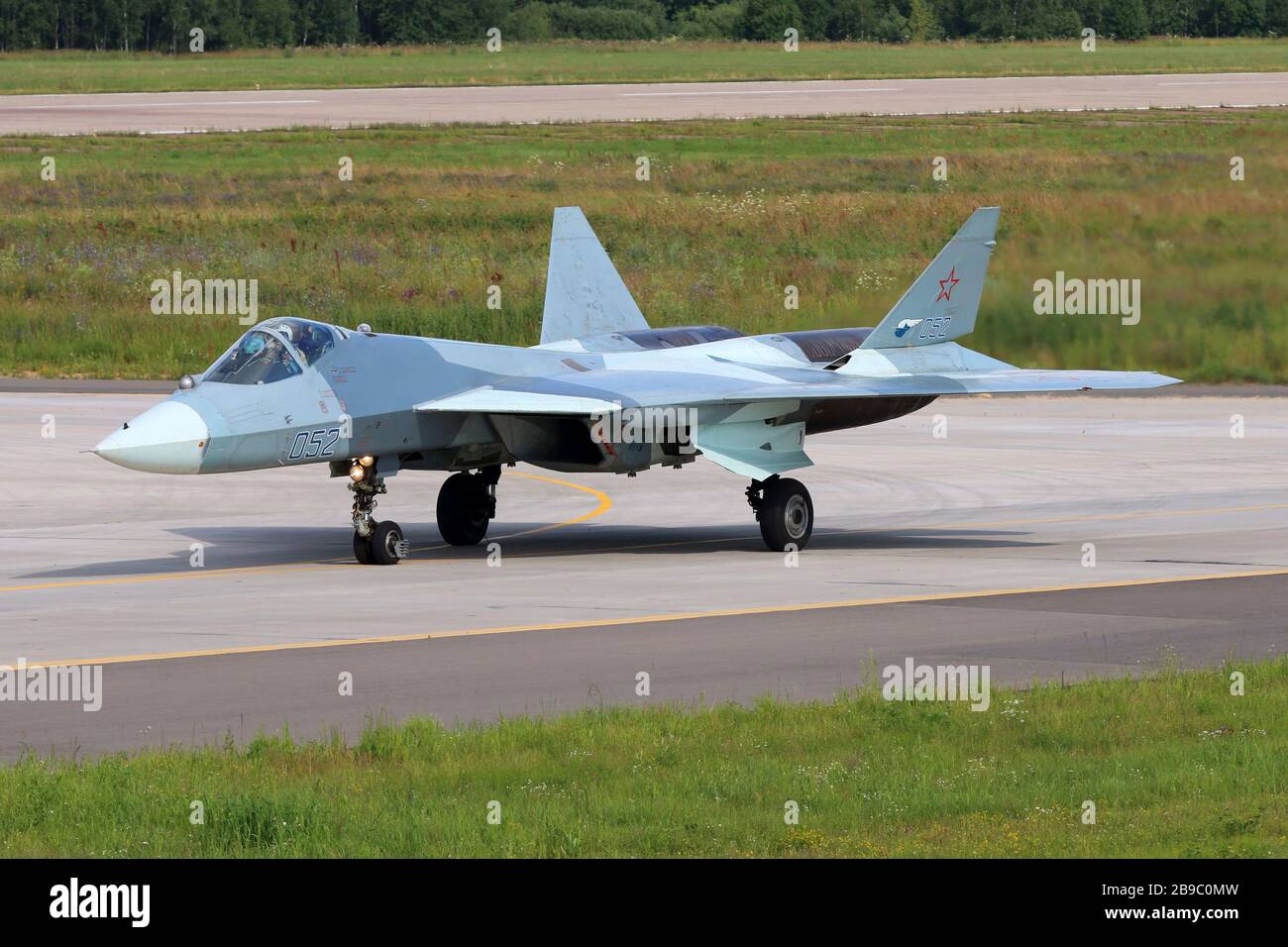 Sukhoi T-50 (Su-57) PAK-FA fifth generation Russian jet fighter taxiing. Stock Photo