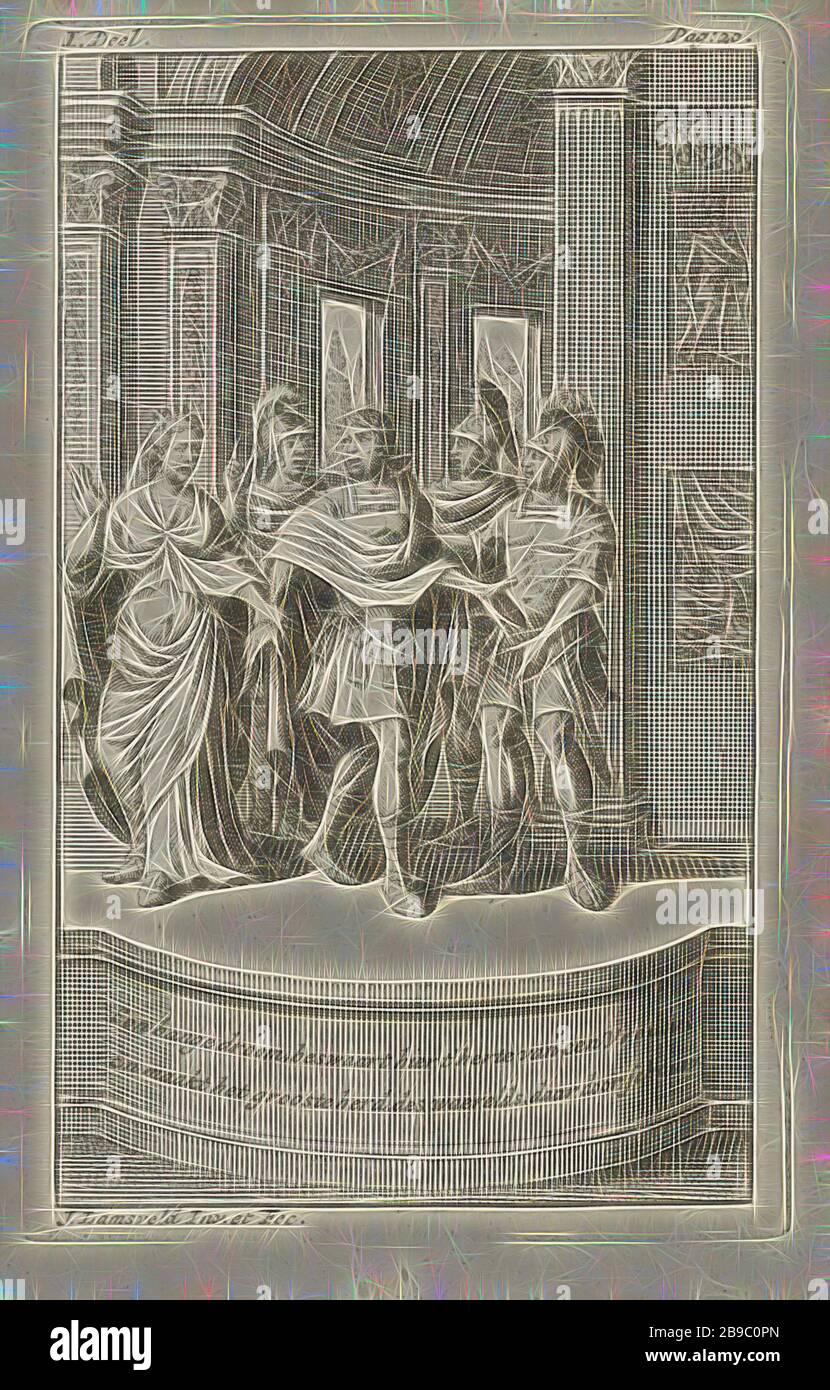 Calpurnia Pisonis tells Julius Caesar her dream, Calpurnia Pisonis tells her husband Julius Caesar of the dreams in which she was warned of danger. Caesar ignores her and gets ready to leave. The representation is explained in the two-line caption. The print is marked top left and right: I. Part. - Pag: 20. Manufactured in the tragedy translated 'The Death of Julius Cezar' from French, written by Marie-Anne Barbier, (story of) C. Julius Caesar, Jan Lamsvelt (mentioned on object), 1728, paper, etching, h 132 mm × w 83 mm, Reimagined by Gibon, design of warm cheerful glowing of brightness and li Stock Photo