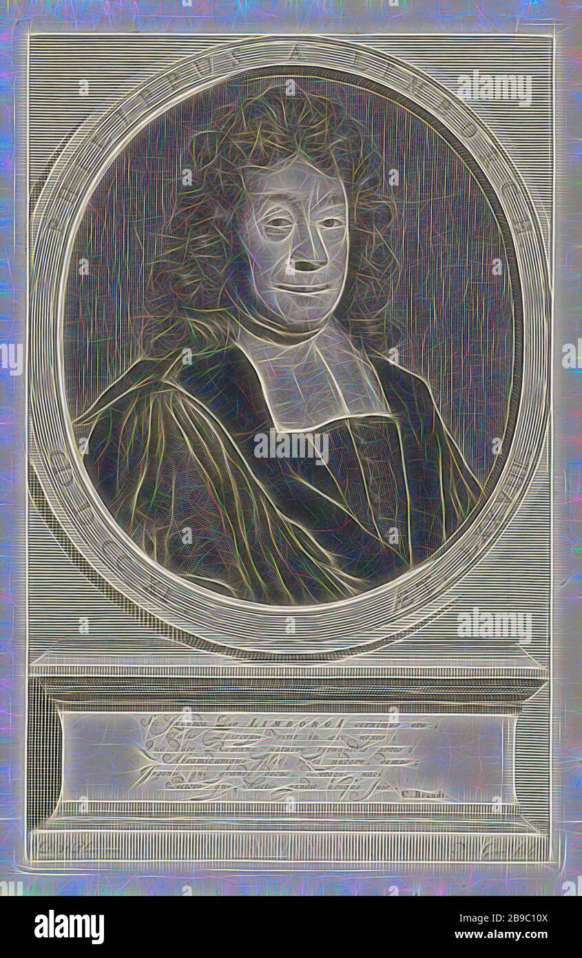 Portrait of Philippus van Limborch at the age of 78, Philippus van Limborch at the age of 78. Amsterdam pastor and professor of remonstrants. The print has a Latin caption about his life, Philippus van Limborch, Pieter van Gunst (mentioned on object), Amsterdam, 1711 - 1731, paper, engraving, h 275 mm × w 176 mm, Reimagined by Gibon, design of warm cheerful glowing of brightness and light rays radiance. Classic art reinvented with a modern twist. Photography inspired by futurism, embracing dynamic energy of modern technology, movement, speed and revolutionize culture. Stock Photo