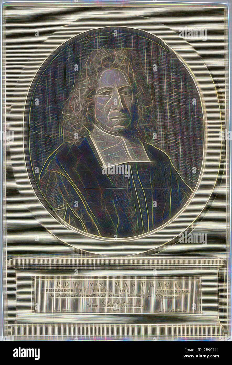 Portrait of Petrus van Maastricht, Petrus van Maastricht, professor of theology and philosophy in Frankfurt, Duisburg and Utrecht. With Latin and Greek captions, Pieter van Gunst (mentioned on object), Amsterdam, 1659 - 1731, paper, engraving, h 280 mm × w 191 mm, Reimagined by Gibon, design of warm cheerful glowing of brightness and light rays radiance. Classic art reinvented with a modern twist. Photography inspired by futurism, embracing dynamic energy of modern technology, movement, speed and revolutionize culture. Stock Photo