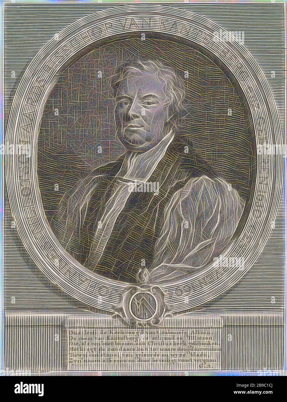 Portrait of John Tillotson Johannes Tillotson (title on object), Bust to the left of John Tillotson, Archbishop of Canterbury, in an oval with an inscription in Dutch and with his weapon at the bottom. The portrait rests on a ledge on which a six-line verse in Dutch, John Tillotson, Jacob Houbraken (mentioned on object), Amsterdam, 1708 - 1766, paper, engraving, h 181 mm × w 138 mm, Reimagined by Gibon, design of warm cheerful glowing of brightness and light rays radiance. Classic art reinvented with a modern twist. Photography inspired by futurism, embracing dynamic energy of modern technolog Stock Photo