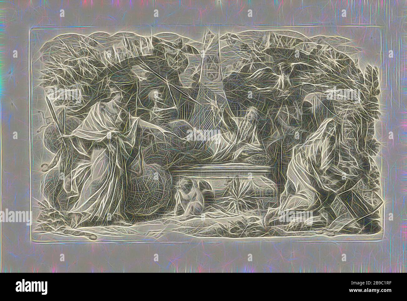 Allegorical representation with tomb, Allegorical representation with various personifications around a tomb. A skeleton tries to hit the man lying on the tomb with a spear. Devilish figures are flying in the sky. A putto is crying at the foot of the tomb, grave, tomb, Death as skeleton, devils in the form of (fabulous) animals, Simon Fokke (mentioned on object), Amsterdam, 1722 - 1784, paper, engraving, h 96 mm × w 157 mm, Reimagined by Gibon, design of warm cheerful glowing of brightness and light rays radiance. Classic art reinvented with a modern twist. Photography inspired by futurism, em Stock Photo