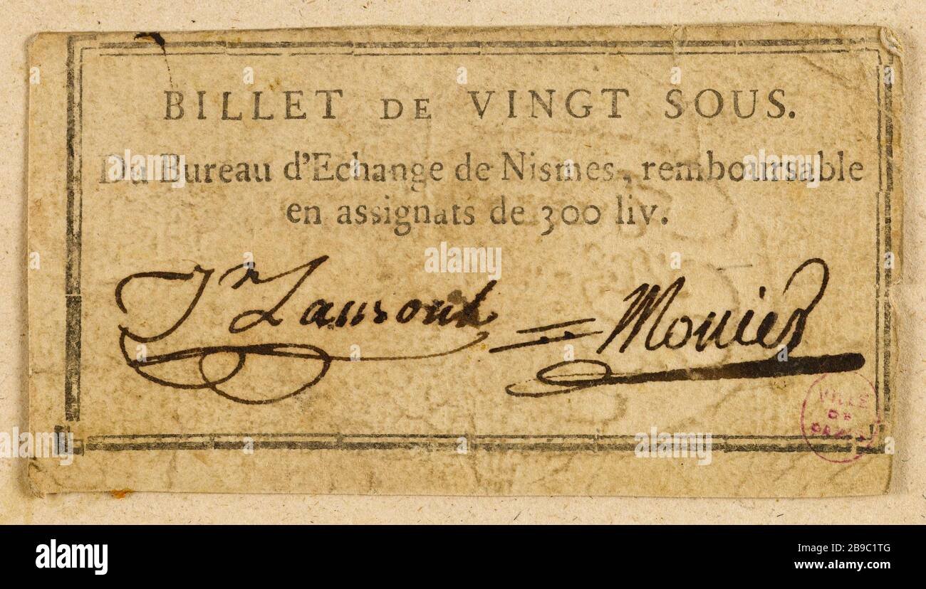20 note in Nimes. Anonyme. Billet de 20 sous, Nîmes. Typographie, encre. Paris, musée Carnavalet. Stock Photo