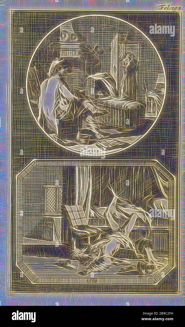 Deceived father / man fallen out of bed, Two representations of lottery spells, each with its own number. Above n. 1512: a representation in a round list of a man who cradles a child's bed with a cord. That the child is not his, is made clear in the background, where his wife has a relationship with another man. Under n. 1514: a representation in an octagonal frame of a bedroom, with a man who has fallen out of bed and gets his room pot over him. The print has a page number on the top right, chamber-pot, bed, falling, with the unwanted third party, father-love, cradle, crib, Jan Goeree (mentio Stock Photo