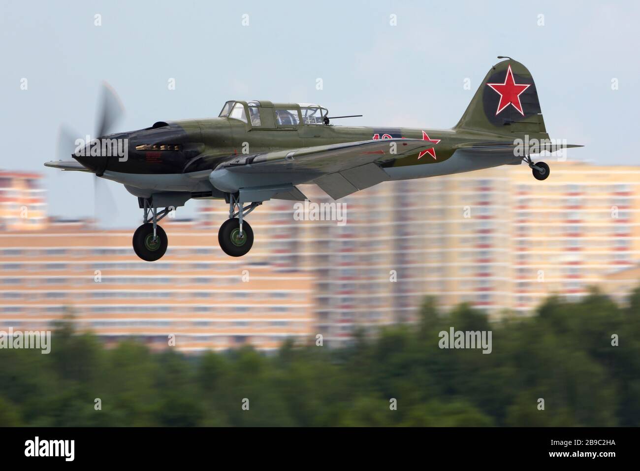 Ilyushin IL-2M3 attack airplane landing. Stock Photo