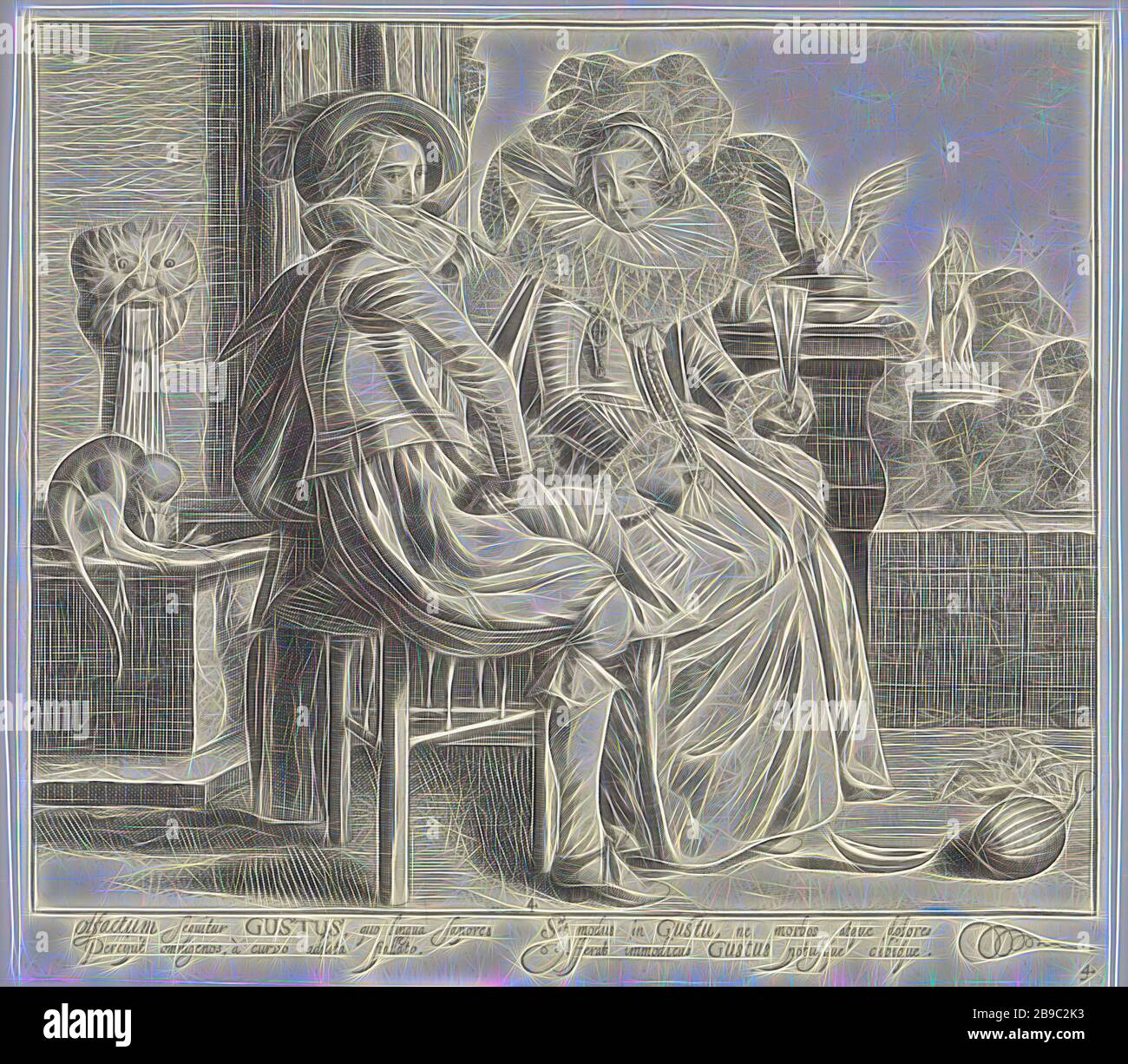 Gustus / De Smaak Five senses (series title), On a platform - overlooking a garden - sits an elegant couple, dressed in the fashion of ca. 1625-'30. The lady has a glass in the left hand and wears a frock with a very wide millstone collar. There is a melon on the floor in front of the couple and a monkey sitting by the fountain holding a fruit by its snout. Below the image two columns with Latin text. The print is part of a series with prints on the five senses, clothes, costume (men's clothes), costume (women's clothes), neck-gear, clothing (with NAME) (women's clothes), clothing (with NAME) Stock Photo