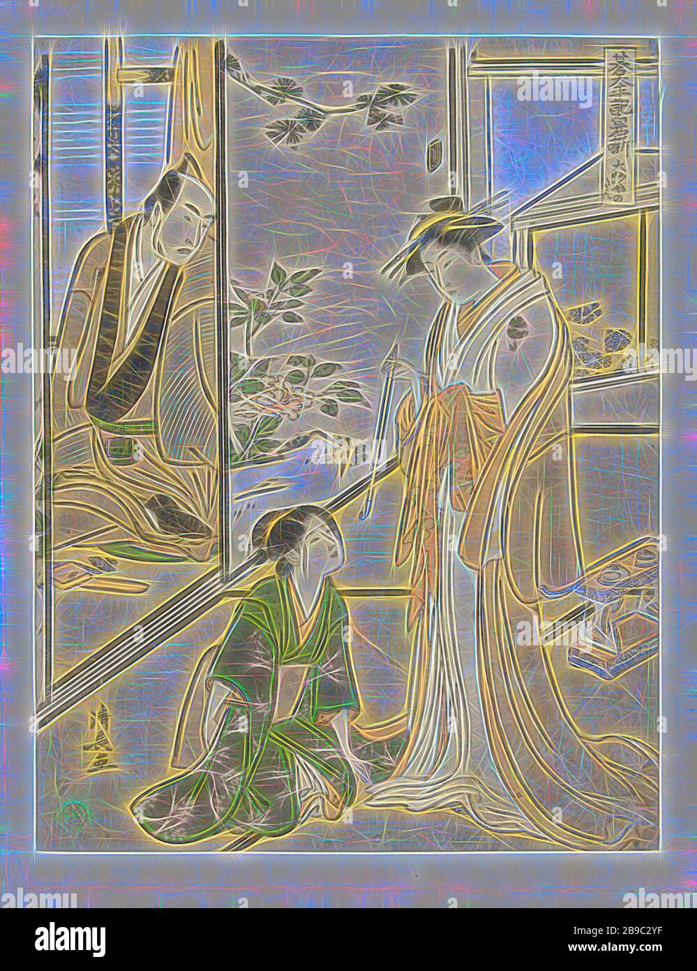 Scene in the Daifukuya house Daifukuya no dan (title on object) The play Shiraishibanashi (series title) Gotaiheiki Shiraishibanashi (series title on object), Courtisane Miyagino, standing with pipe in right hand, listening to her sister Shinobu, sitting in green kimono, telling about the death of their father, while the manager of the Daifukuya house, Soroku, whispers them from behind a sliding door, pipe, tobacco, Torii Kiyonaga (mentioned on object), Japan, 1783 - 1787, paper, colour woodcut, h 246 mm × w 188 mm, Reimagined by Gibon, design of warm cheerful glowing of brightness and light r Stock Photo