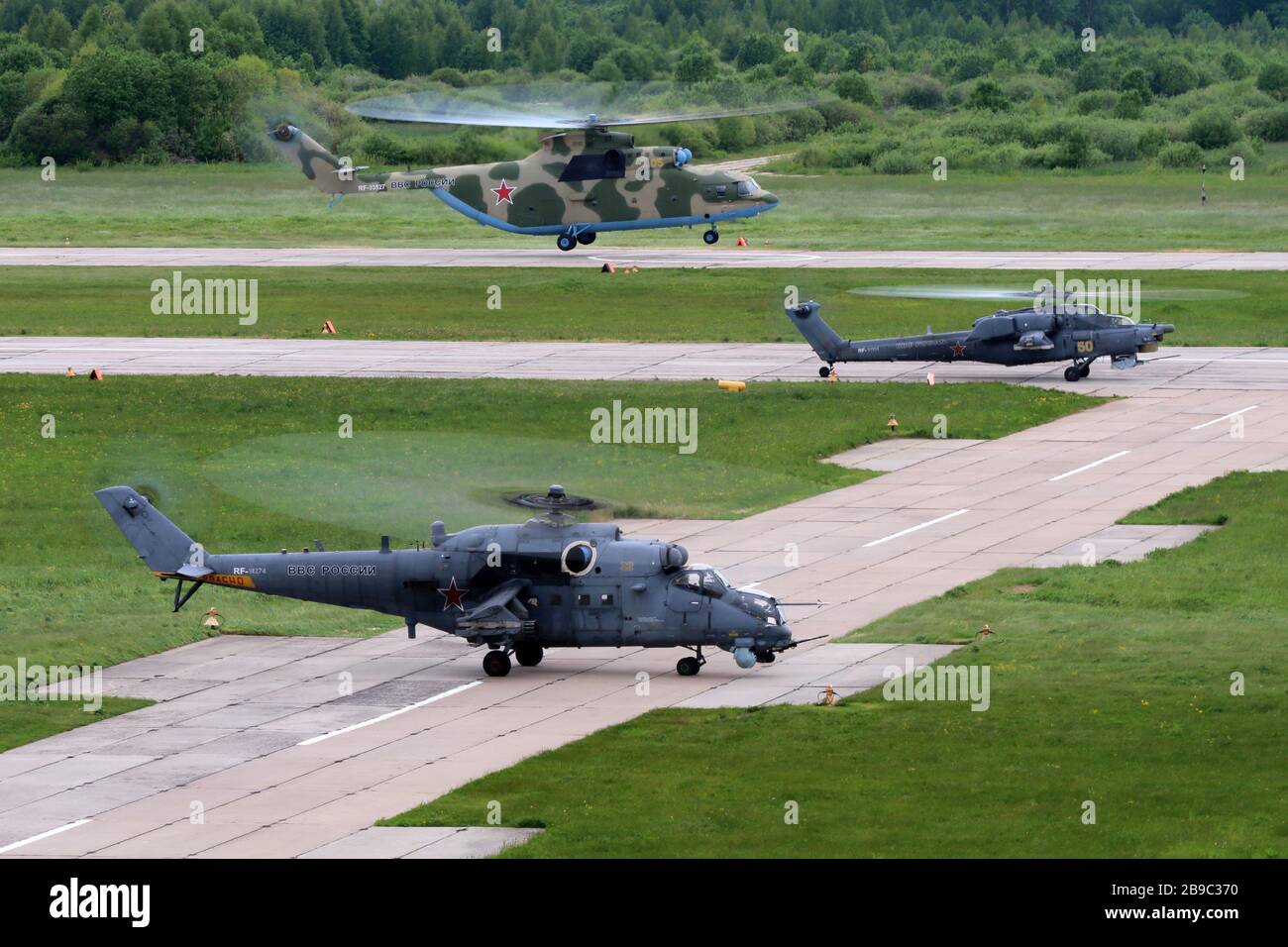 Mil Mi-35M, Mi-28N and Mi-26 helicopters of the Russian Air Force. Stock Photo