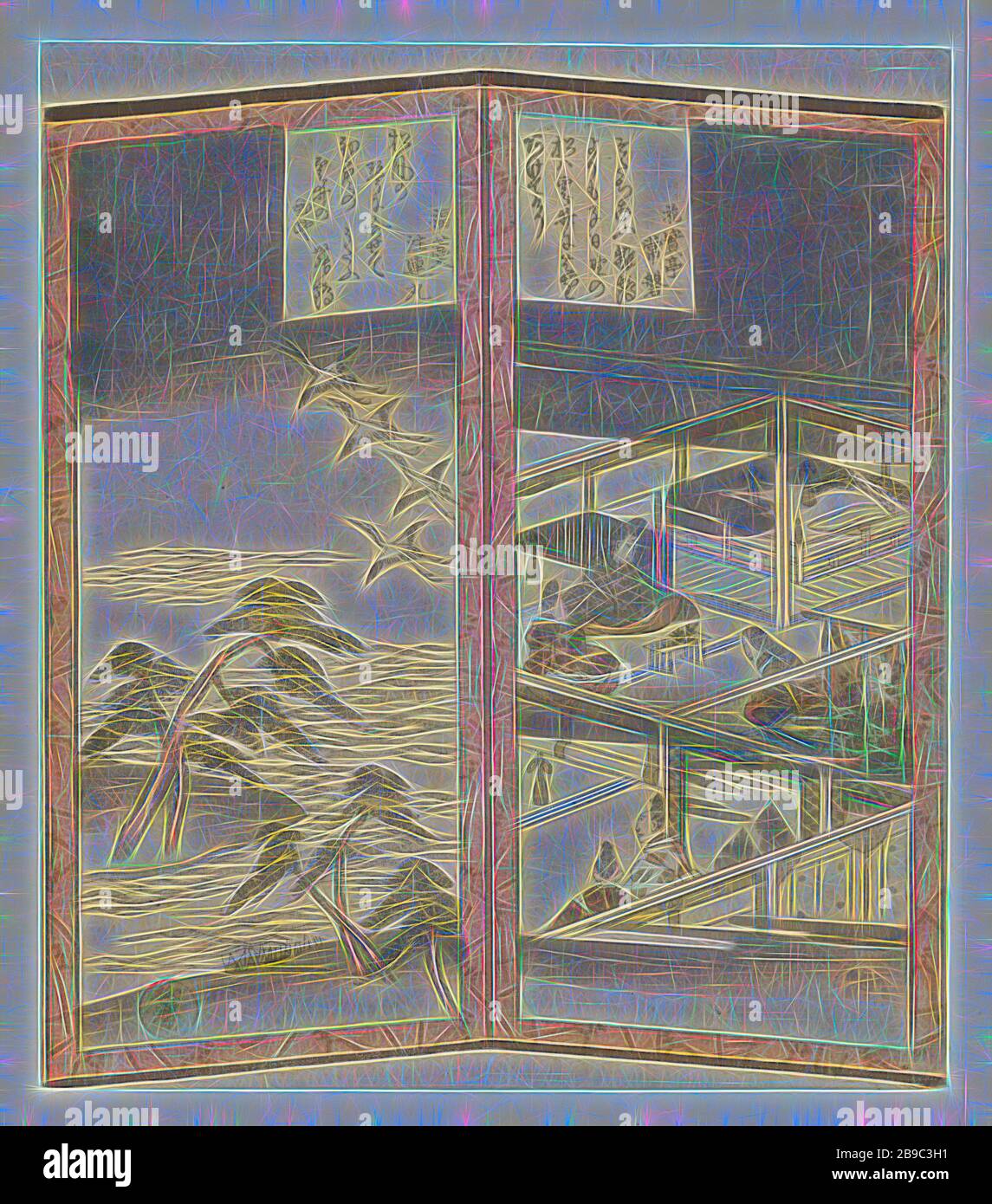 Interior of a palace next to the beach A set of folding screens (series title), Two parts of a miniature folding screen. View of a palace with courtiers and on the left a beach with pine trees and flying cranes. The courtiers in the palace surround a young pine tree, this was an old tradition on the first day of the new year and was probably originally a fertility ritual. With two poems, screen, folding screen, Ryûryûkyo Shinsai (mentioned on object), Japan, c. 1825, paper, colour woodcut, h 210 mm × w 183 mm, Reimagined by Gibon, design of warm cheerful glowing of brightness and light rays ra Stock Photo