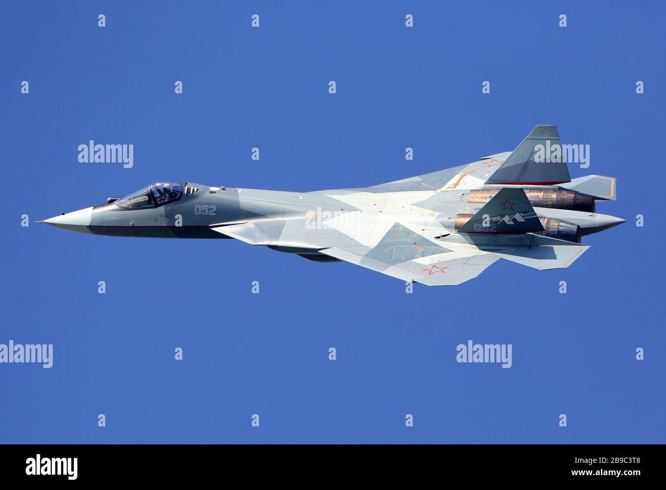 Su 57 Jet Fighter Of The Russian Air Force Against A Blue Sky Stock