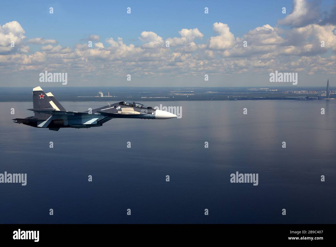 Su-30SM jet fighter of the Russian Navy flying over Gulf of Finland, Russia. Stock Photo