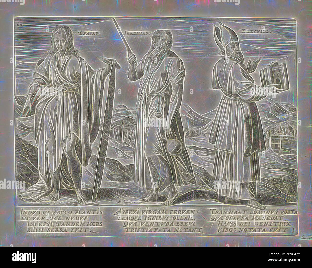 Isaiah, Jeremiah and Ezekiel From the Prophets (series title) Twelve prophets (series title) Den Grooten Figuer-Bibel (...) (series title), The prophets Isaiah, Jeremiah and Ezekiel stand side by side in a landscape. Isaiah holds a book under his arm and holds a saw in his hand, Jeremiah holds a staff and jug, Ezekiel holds the temple in his hand, which he saw in a vision. Below the show explanations in Latin. This print is part of an album, the four major prophets (not in a biblical context): Isaiah, Jeremiah, Ezekiel, Daniel, Isaiah (not in a biblical context), possible attributes: branch wi Stock Photo
