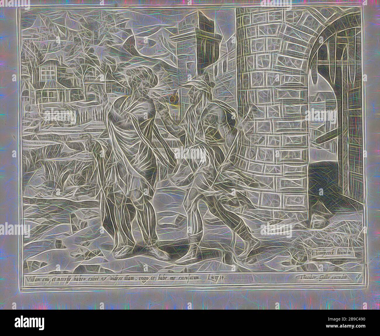 Preparations for the wedding party Van d'Inrydingh Iesu, and some histories based on that (series title) Parable of the royal wedding party (series title) Den Grooten Figuer-Bibel (...) (series title), A king instructs his servant to invite the wedding guests to his son's wedding party. In the foreground, servants slaughter the best cattle for the banquet. In the middle above a cartouche with text. Below the performance a reference in Latin to the Bible text in Mat. 22. This print is part of an album, first invitation to the feast, parable of the royal wedding feast, Dirck Volckertsz. Coornher Stock Photo