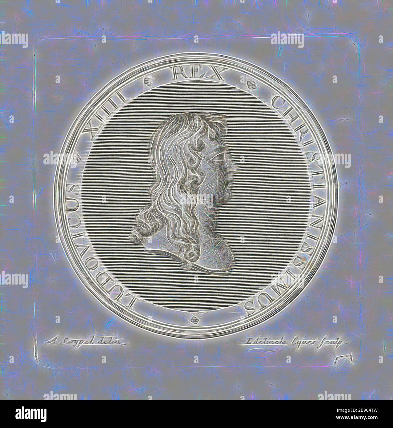 Medal with bust of Louis XIV, Front of a badge with bust and profile of Louis XIV, first issued after the Battle of Rocroi in 1643., Louis XIV (King of France), Gerard Edelinck (mentioned on object), Paris, 1702, paper, engraving, h 82 mm × w 81 mm, Reimagined by Gibon, design of warm cheerful glowing of brightness and light rays radiance. Classic art reinvented with a modern twist. Photography inspired by futurism, embracing dynamic energy of modern technology, movement, speed and revolutionize culture. Stock Photo