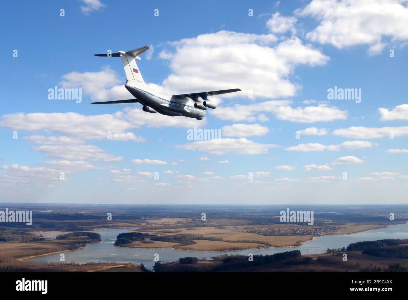 IL-76MD military transport aircraft of the Russian Air Force over Russia. Stock Photo