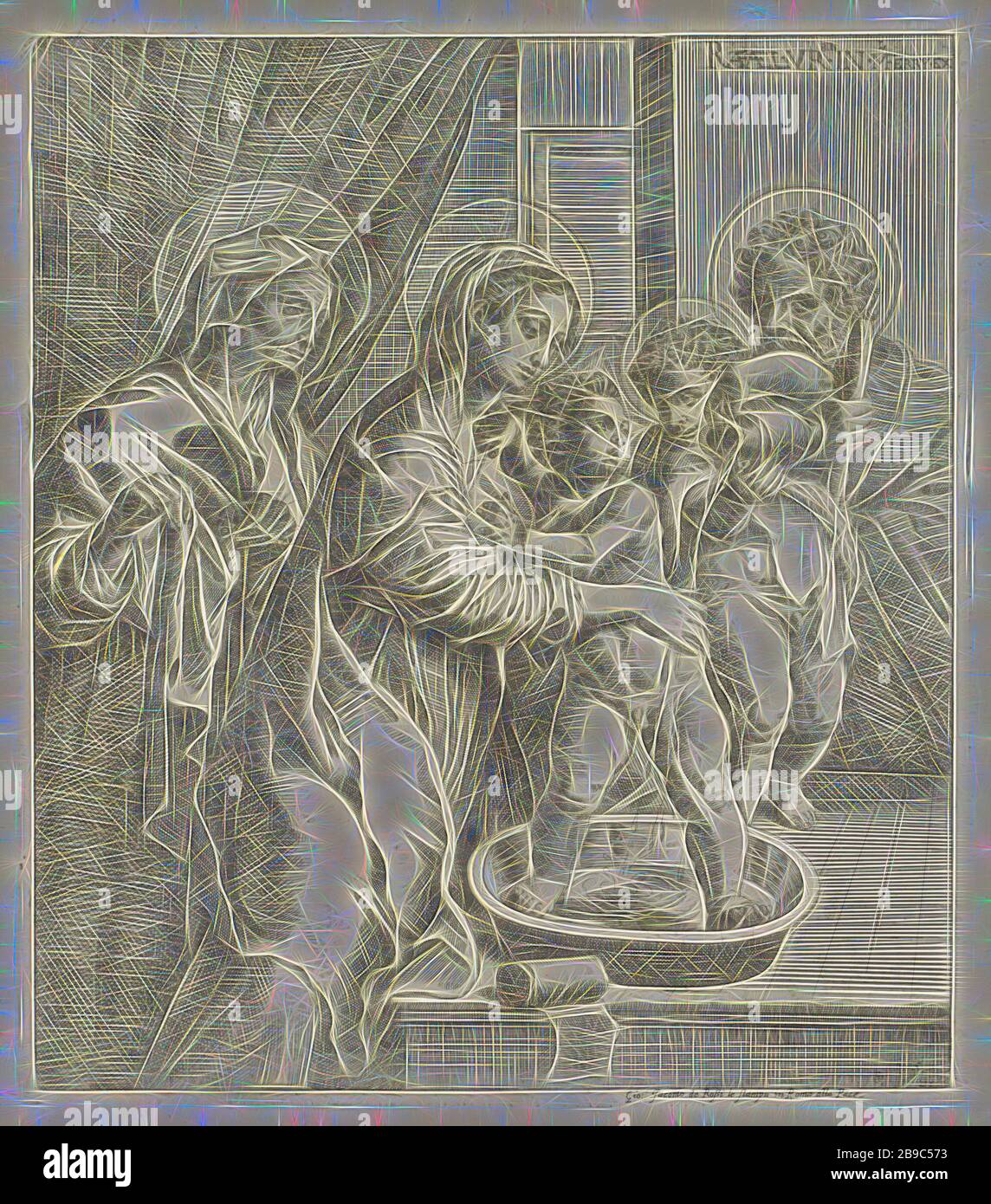Mary and the young John the Baptist wash the Christ child, Mary and the young John the Baptist wash the Christ child. In the background are Joseph and Elizabeth., Mary, the Christ-child and John the Baptist, Elisabeth present, washing and changing baby, Pietro Facchetti, Rome, 1637 - 1691, paper, engraving, h 298 mm × w 260 mm, Reimagined by Gibon, design of warm cheerful glowing of brightness and light rays radiance. Classic art reinvented with a modern twist. Photography inspired by futurism, embracing dynamic energy of modern technology, movement, speed and revolutionize culture. Stock Photo