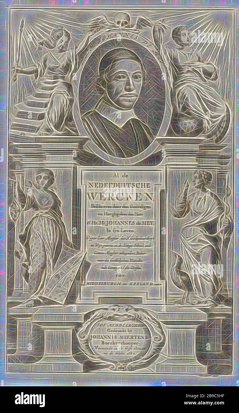 Portrait of Johannes de Mey, flanked by Philosophy and Theology Title page for: J. de Mey. All the Lower German Wercken, 1681, Portrait of the theologian Johannes de Mey, flanked by the personifications of philosophy (left) and theology (right). Below the portrait are the personified astronomy (left) and medicine (right), portrait of a writer, 'Philosophia', 'Philosofia' (Ripa), theology, 'Theologia' (Ripa), 'Astronomia', 'Cosmografia', 'Cosmografia' (Ripa), 'Medicina', allegorical representations, medicine, 'Medicina' (Ripa), Johannes de Mey, Jan Luyken (mentioned on object), paper, letterpre Stock Photo