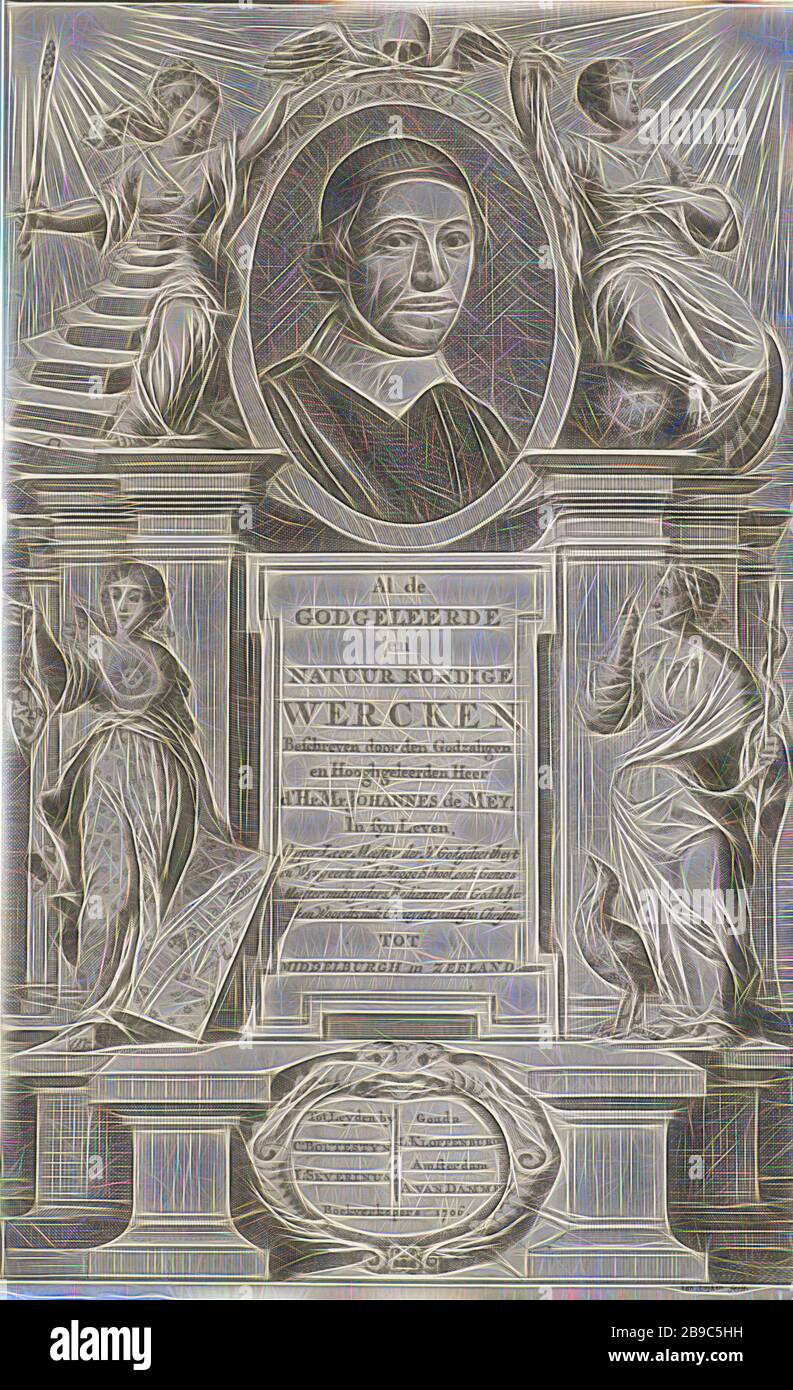 Portrait of Johannes de Mey, flanked by Philosophy and Theology Title page for: J. de Mey. All the Lower German Wercken, 1706, Portrait of the theologian Johannes de Mey, flanked by the personifications of philosophy (left) and theology (right). Below the portrait are the personified astronomy (left) and medicine (right), portrait of a writer, 'Philosophia', 'Philosofia' (Ripa), theology, 'Theologia' (Ripa), 'Astronomia', 'Cosmografia', 'Cosmografia' (Ripa), 'Medicina', allegorical representations, medicine, 'Medicina' (Ripa), Johannes de Mey, Jan Luyken (mentioned on object), paper, etching, Stock Photo