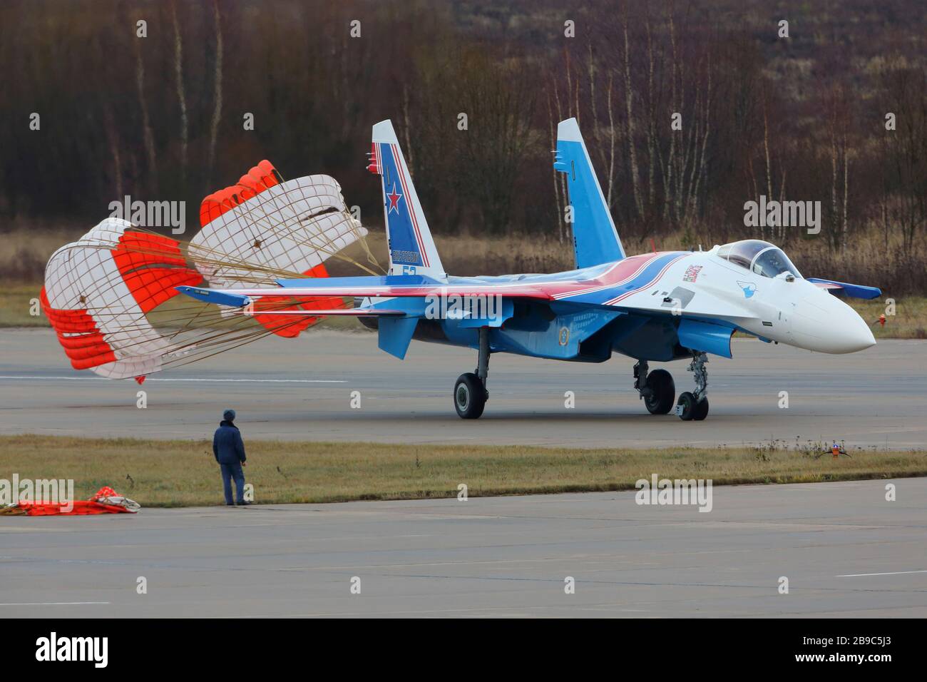 Su-35S jet fighter of the Russian Knights aerobatics team with