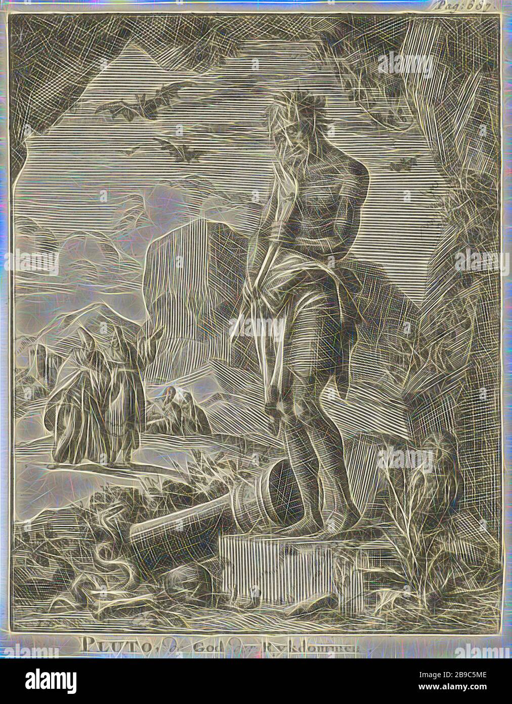 Statue of Pluto Pluto, the God of the Rykdoms (title on object), Print upper right: Pag: 687, (story of) Pluto (Hades), Dis Pater, Orcus, statues, paintings, etc., objects of worship in Roman religion, Jan Luyken (mentioned on object), Amsterdam, 1686, paper, etching, h 166 mm × w 130 mm, Reimagined by Gibon, design of warm cheerful glowing of brightness and light rays radiance. Classic art reinvented with a modern twist. Photography inspired by futurism, embracing dynamic energy of modern technology, movement, speed and revolutionize culture. Stock Photo