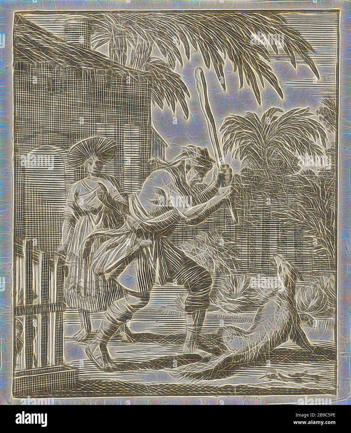 Fox killed by a man with a cane, beasts of prey, predatory animals: fox, man killing animal, Jan Luyken, Amsterdam, 1693, paper, etching, h 87 mm × w 75 mm, Reimagined by Gibon, design of warm cheerful glowing of brightness and light rays radiance. Classic art reinvented with a modern twist. Photography inspired by futurism, embracing dynamic energy of modern technology, movement, speed and revolutionize culture. Stock Photo