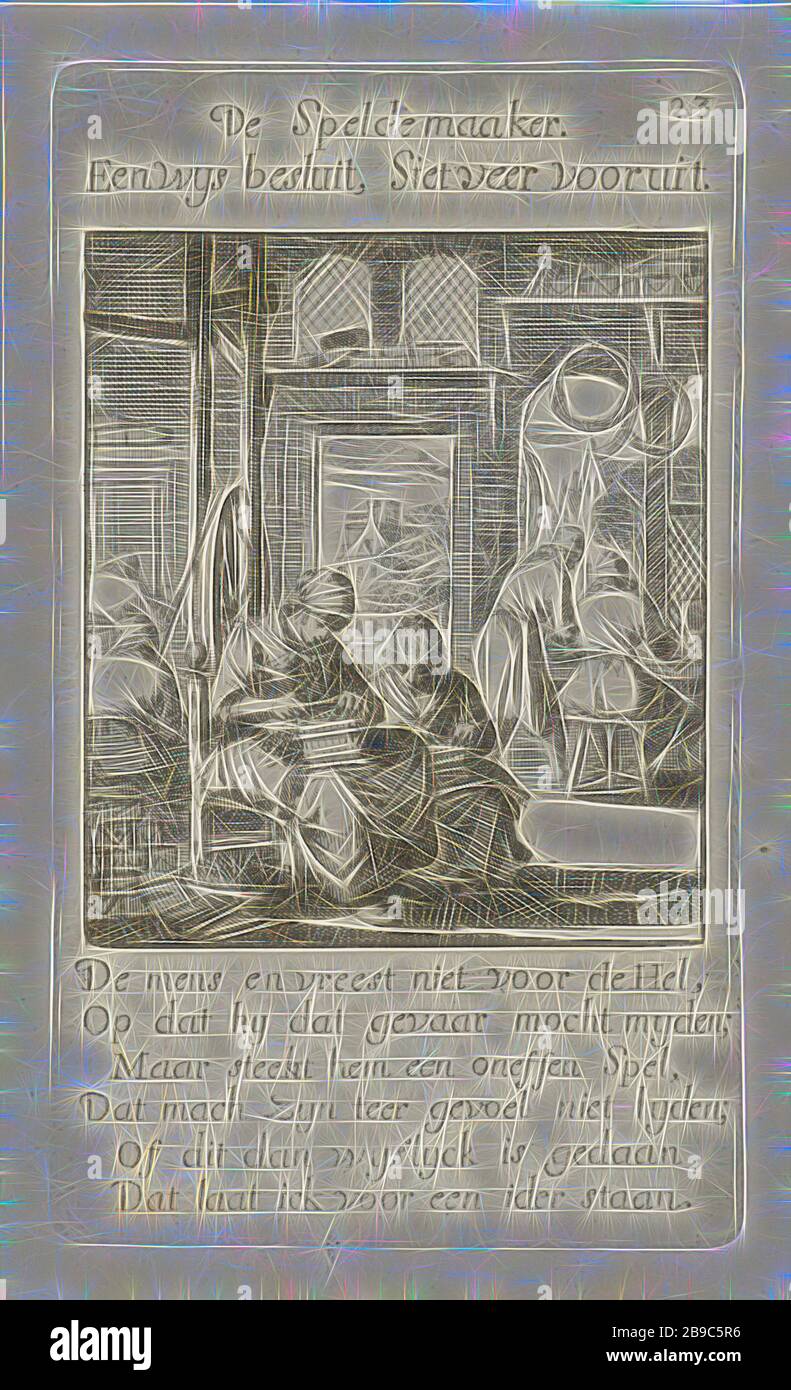 Pinmaker De Speldemaaker (title on object) The Menselyk Bedryf (series title), pin, handicrafts, craftsman at work, Jan Luyken, Amsterdam, 1694, paper, etching, h 141 mm × w 81 mm, Reimagined by Gibon, design of warm cheerful glowing of brightness and light rays radiance. Classic art reinvented with a modern twist. Photography inspired by futurism, embracing dynamic energy of modern technology, movement, speed and revolutionize culture. Stock Photo