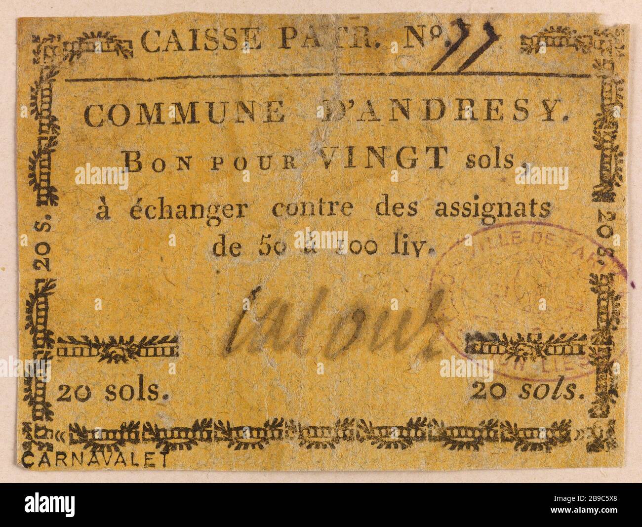 Good for 20 sols, patriotic fund of the municipality of Andresy, No. 77.  Anonyme. Bon pour