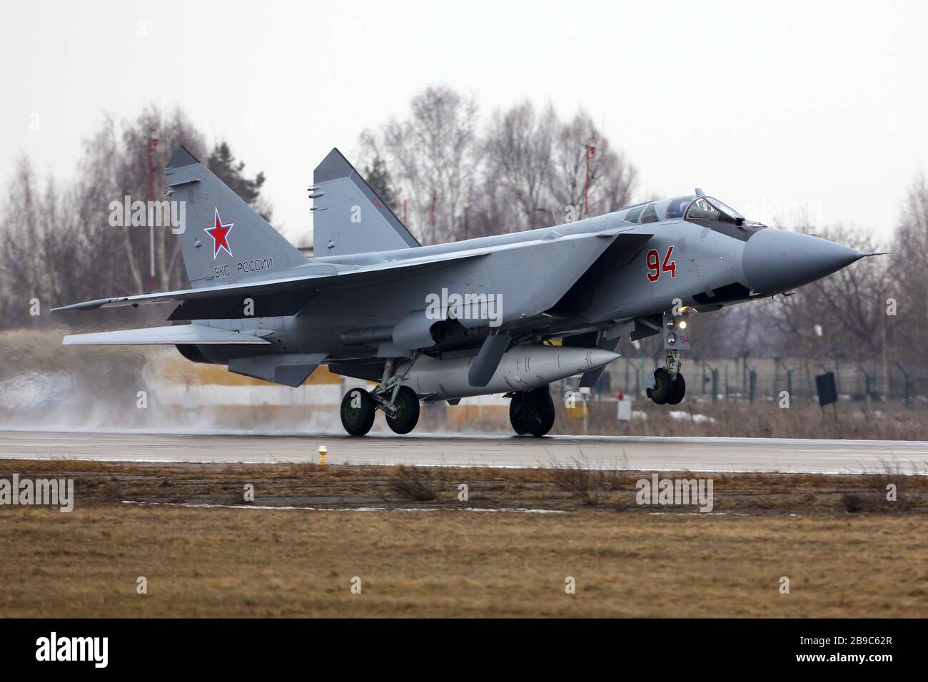 MiG-31K attack aircraft of the Russian Air Force with Kinzhal missile landing. Stock Photo