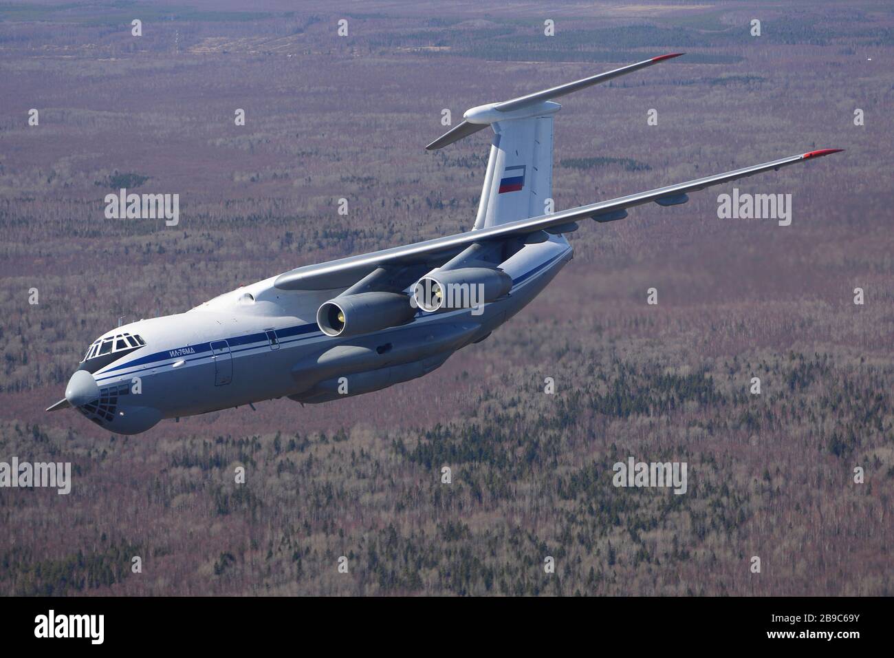 IL-76MD military transport aircraft of the Russian Air Force over Russia. Stock Photo