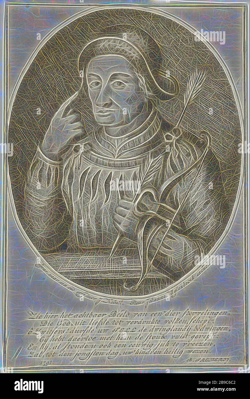 Willem Tell, The crossbowman Willem Tell, points to his eyes, holds a crossbow under his left arm and an arrow in his hand. He is dressed in medieval fantasy clothing and has a hat on. Below image a six-line Dutch verse, William Tell, archer's weapons: bow, Jan Kobell (I) (mentioned on object), 1791, paper, etching, h 141 mm × w 95 mm, Reimagined by Gibon, design of warm cheerful glowing of brightness and light rays radiance. Classic art reinvented with a modern twist. Photography inspired by futurism, embracing dynamic energy of modern technology, movement, speed and revolutionize culture. Stock Photo