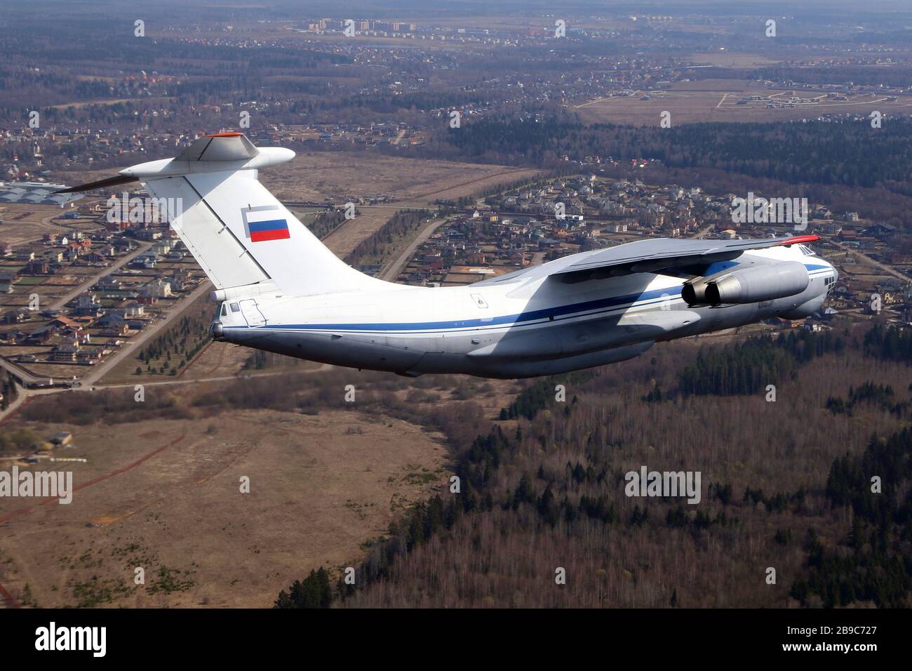 IL-76MD military transport aircraft of the Russian Air Force over Russia. Stock Photo