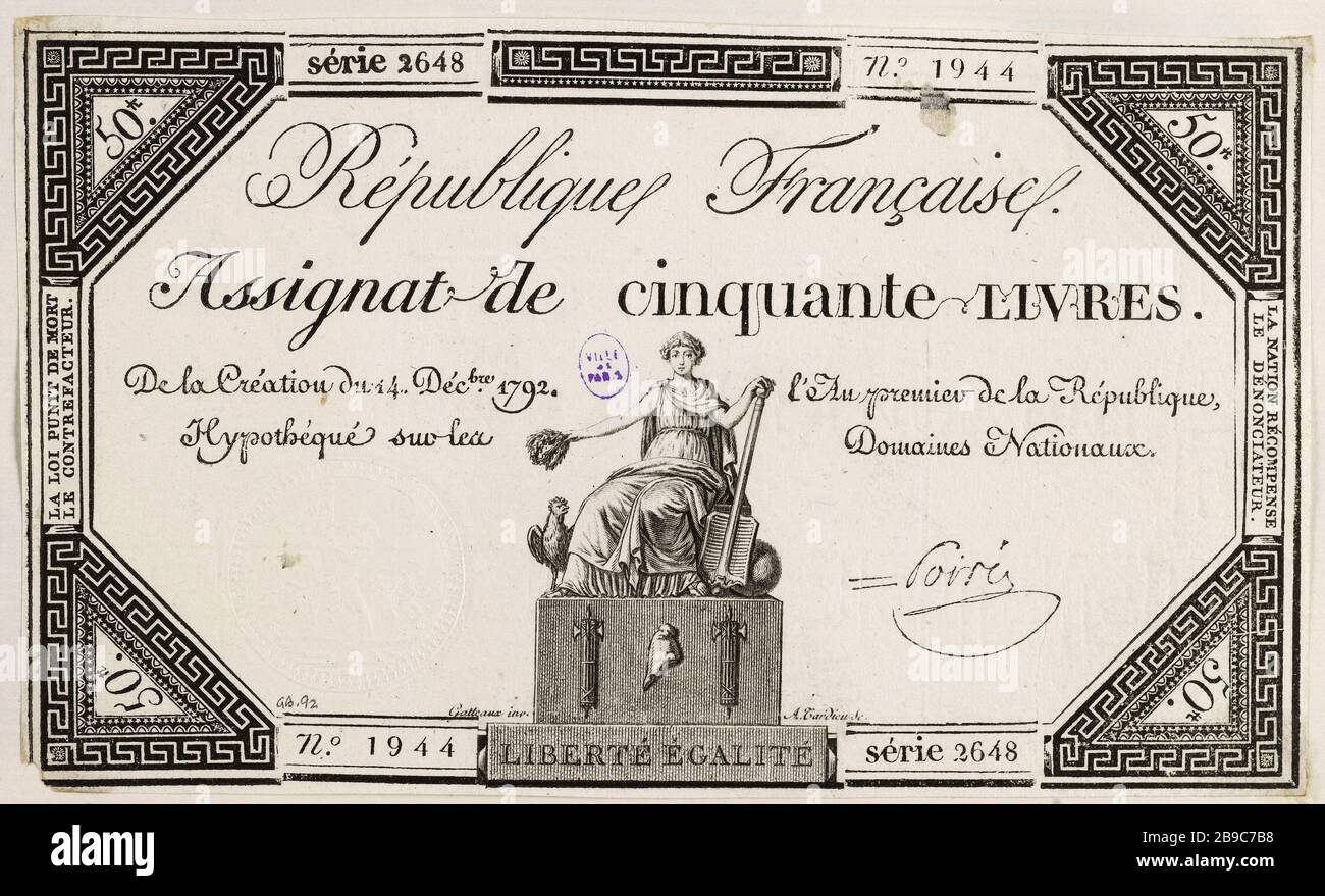 1792 Assignat de 50 livres Série 72, Révolution Française 1792 Assignat de 50 livres Série 72, Révolution Française