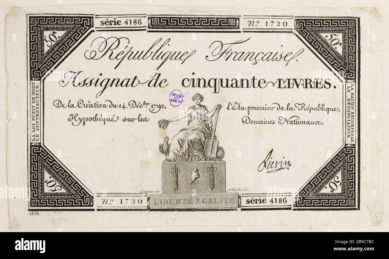 1792 Assignat de 50 livres Série 72, Révolution Française 1792 Assignat de 50 livres Série 72, Révolution Française