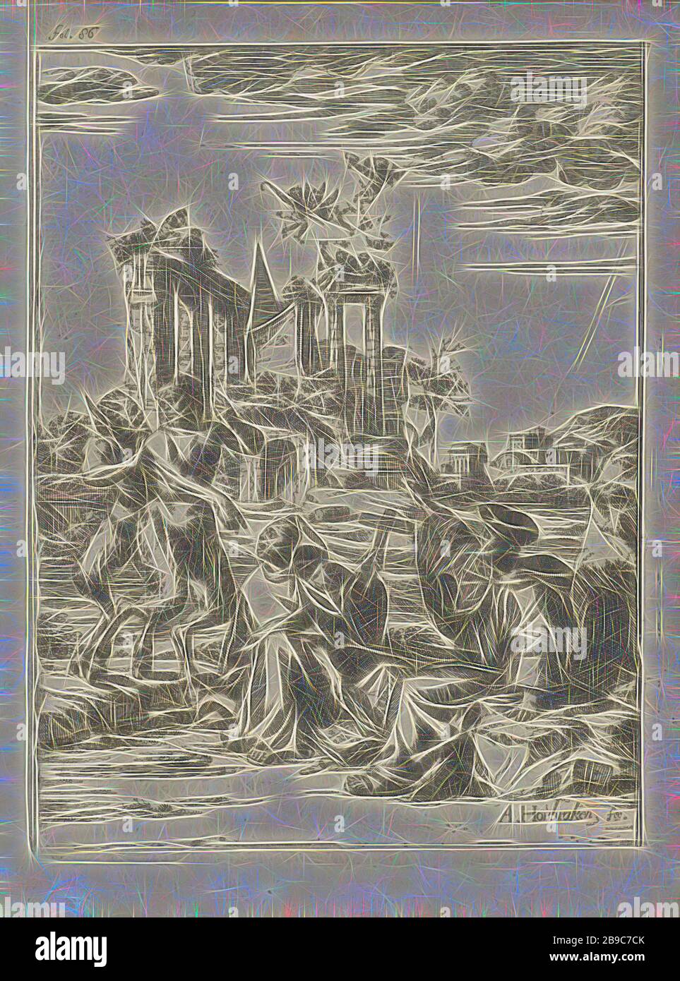 Two satyrs and two clergymen, Two satyrs with two clergymen in a landscape. The clergymen make repelling gestures and lift a crucifix. In the background a ruin above which angels and devils float. Above right: fol 4. Print used in the book: Scene of Accidents by Lambert van den Bos with a total of twenty prints by Arnold Houbraken., Satyr (s) (in general), landscape with ruins (city-landscape) with figures, staffage), monk (s), friar (s) (devil (s)), cross as symbol of Christ, Arnold Houbraken (mentioned on object), 1681 - 1683 and/or 1699, paper, etching, h 193 mm × w 144 mm, Reimagined by Gi Stock Photo