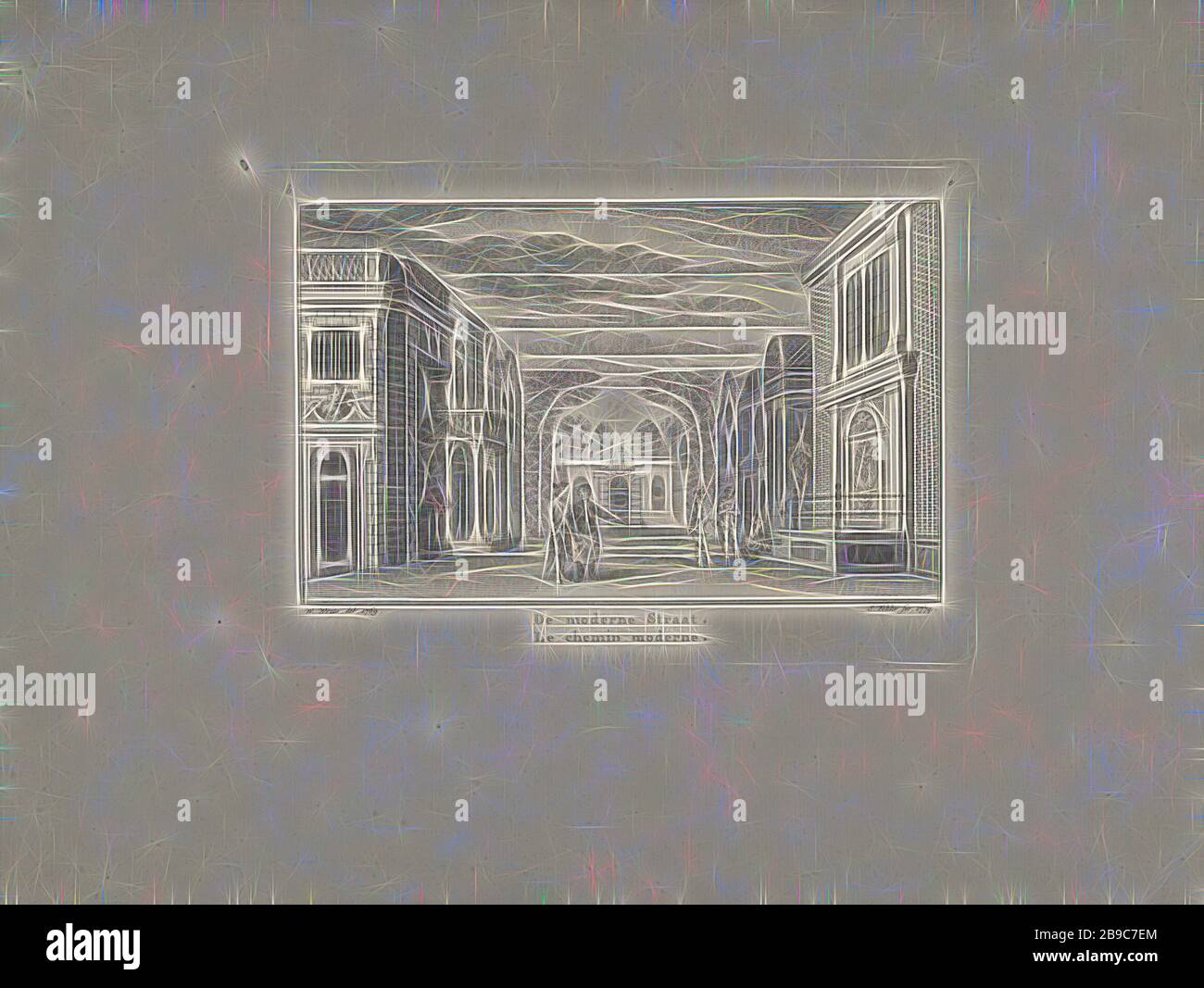 Stage decor with street and houses The modern Street / Le chemin modern (title on object), A stage setting, representing a street with on houses on both sides in neo-classical style. There are five figures on the street. The letters b and e are resp. top left and top right the image., street, group of actors, troupe, actors on the stage, Simon Fokke (mentioned on object), Amsterdam, 1774, paper, etching, h 146 mm × w 205 mm, Reimagined by Gibon, design of warm cheerful glowing of brightness and light rays radiance. Classic art reinvented with a modern twist. Photography inspired by futurism, e Stock Photo