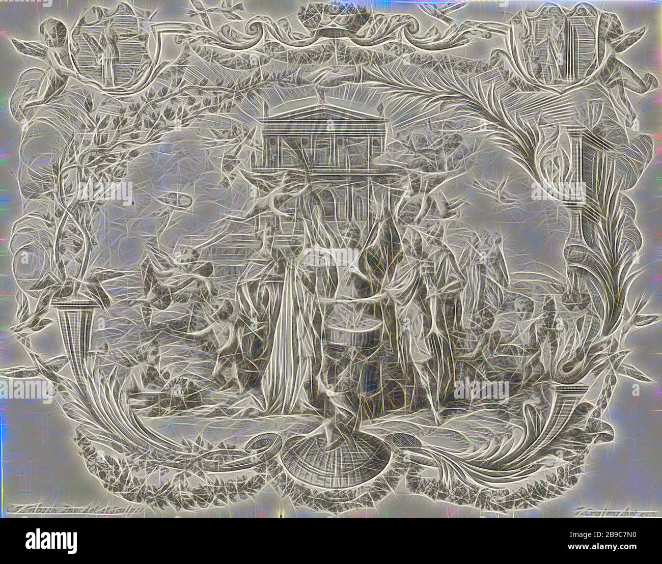 Allegory of marriage, placed in a graceful cartouche that is made up of flowers, plants, and architectural fragments. Centrally in the performance, a man and a woman are married and honored by two putti by an angel. Their hands touch each other above a burning sacrificial column. The couple is assisted by allegorical figures and putti with flower garlands. In the distance stands a classical building where putti with a cornucopia and the eternity symbol, the snake that bites its own tail, fly around. On the right, Juno is pulled in the car by peacocks in the air. At the bottom of the cartouche Stock Photo