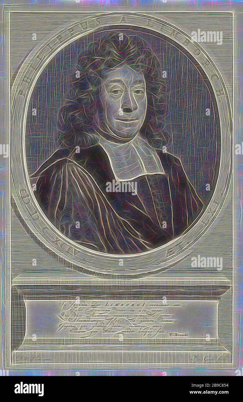 Portrait of Philippus van Limborch at the age of 61, Philippus van Limborch at the age of 61. Amsterdam pastor and professor of remonstrants. The print has a Latin caption about his life., Philippus van Limborch, Pieter van Gunst (mentioned on object), Amsterdam, 1695 - 1731, paper, engraving, h 275 mm × w 177 mm, Reimagined by Gibon, design of warm cheerful glowing of brightness and light rays radiance. Classic art reinvented with a modern twist. Photography inspired by futurism, embracing dynamic energy of modern technology, movement, speed and revolutionize culture. Stock Photo