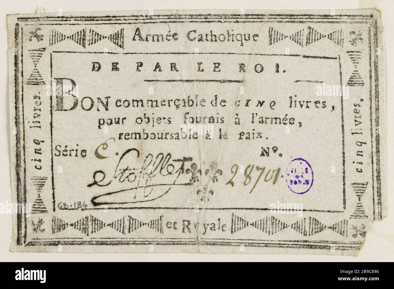 Good merchantable 5 pounds, Catholic and Royal Army, Series C No. 28701 Armée Catholique et Royale de Vendée. Bon commerçable de 5 livres, Armée catholique et royale, série C n° 28701. Typographie, papier vert. Paris, musée Carnavalet. Stock Photo